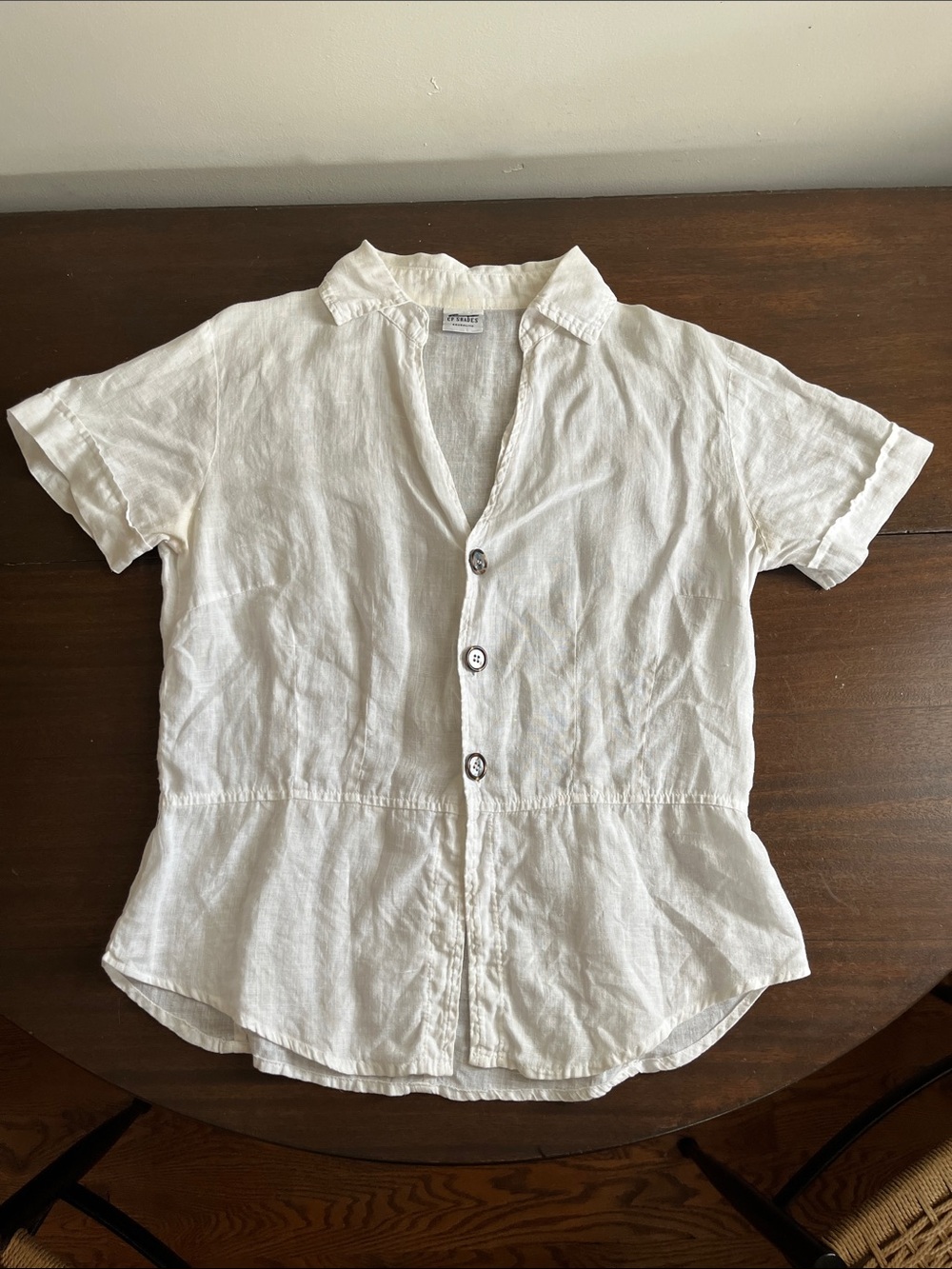 Vintage 100% Linen White Short-Sleeve Button-Up Blouse